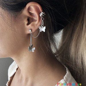 New Sexy Twin Butterfly Silver Punk Ear Cuffs⭐2Pk